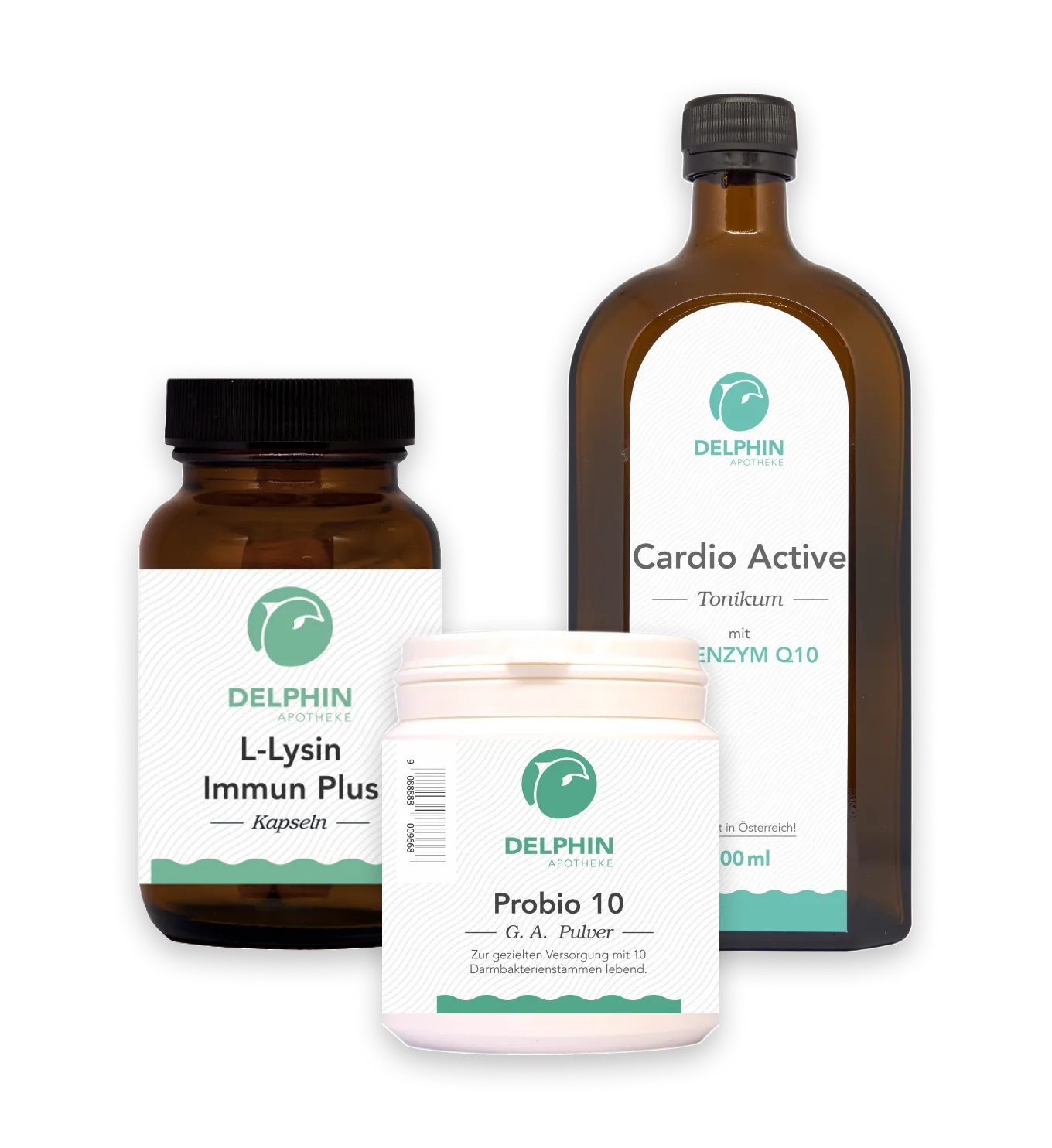 Ansammlung der hochwertigen Eigenprodukte der Delphin Apotheke