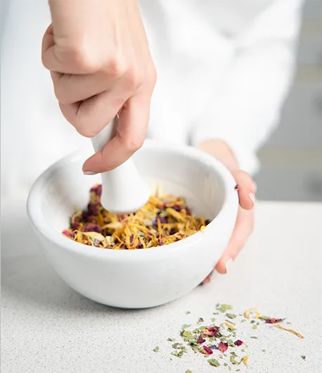 Mörseln von diversen Kräutern für verschiedene Arzneimitteln zur Phytotherapie